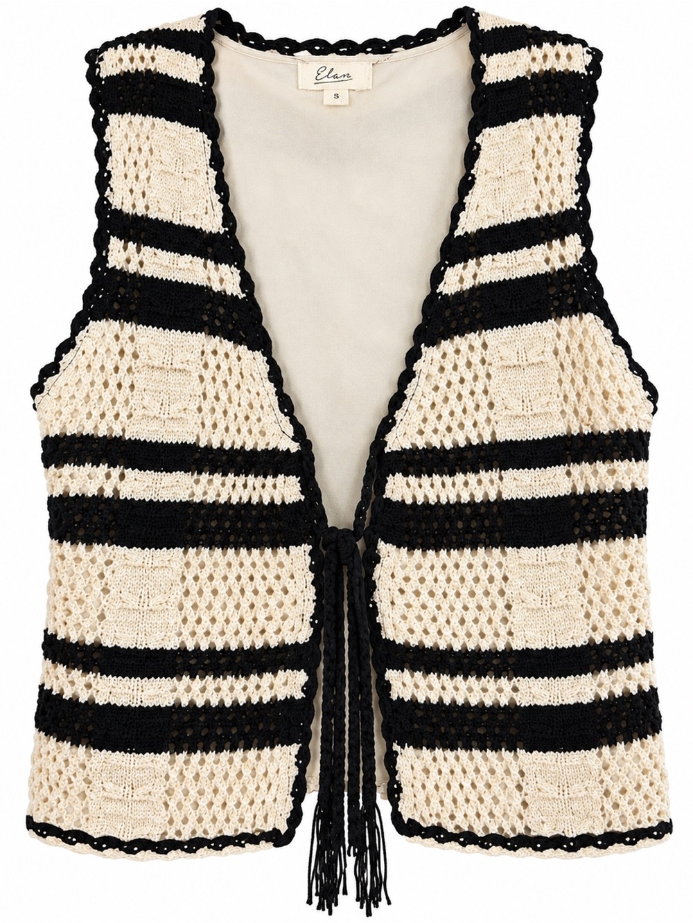 Elan Cream and Black Crochet Tie-Front Vest